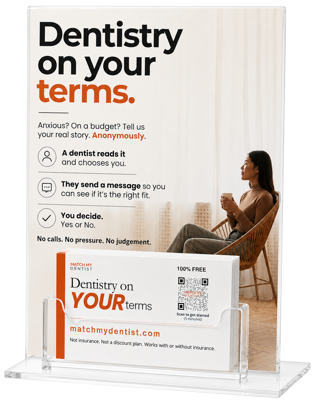 MatchMyDentist countertop display with poster and business cards