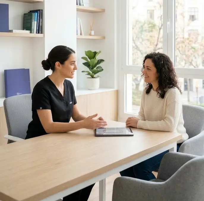 Dentist and patient reviewing treatment on a tablet at a desk