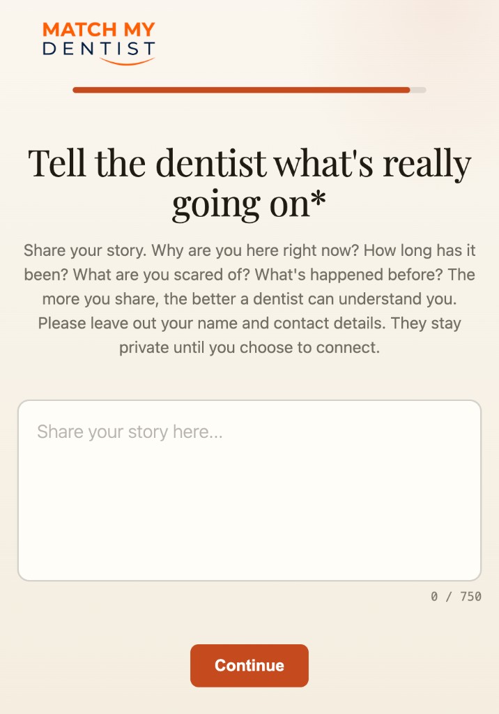 MatchMyDentist form asking a patient to share their story anonymously