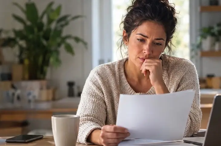 Woman at home thoughtfully reviewing a blank sheet of paper