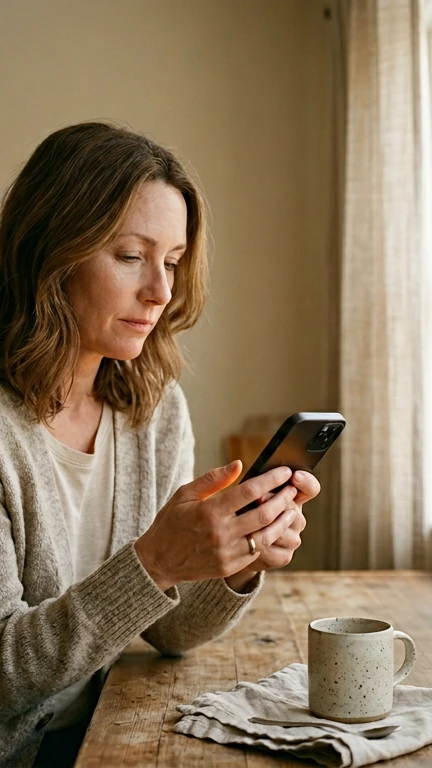 Woman reading a message on her phone, considering her dental care options