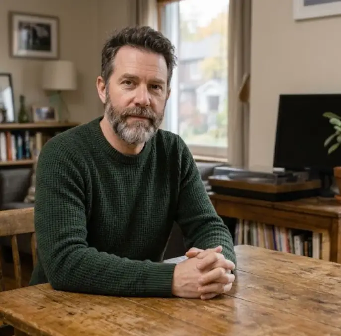 Man sitting at home, calm and thoughtful before talking about dental fear