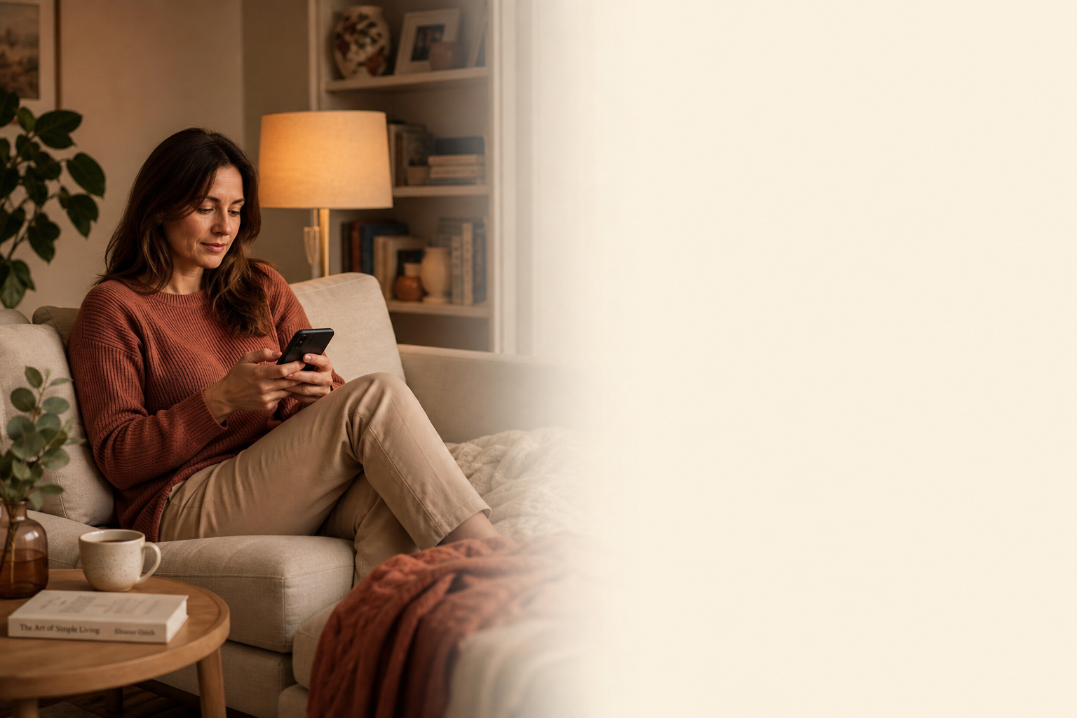 Woman at home on the sofa, quietly reading on her phone
