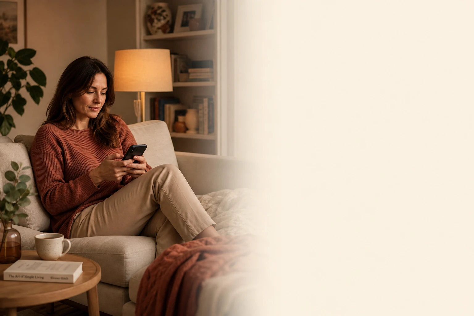Woman at home on the sofa, quietly reading on her phone