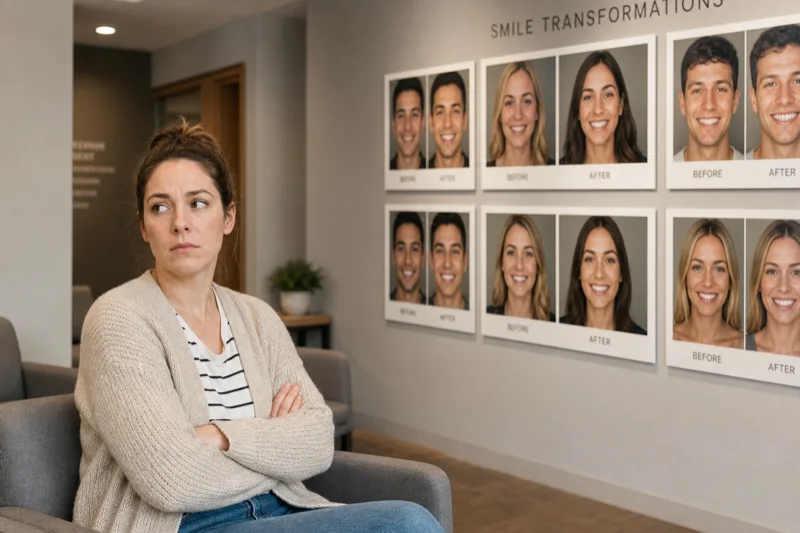 Patient in a waiting room, skeptical of perfect smile photos on the wall