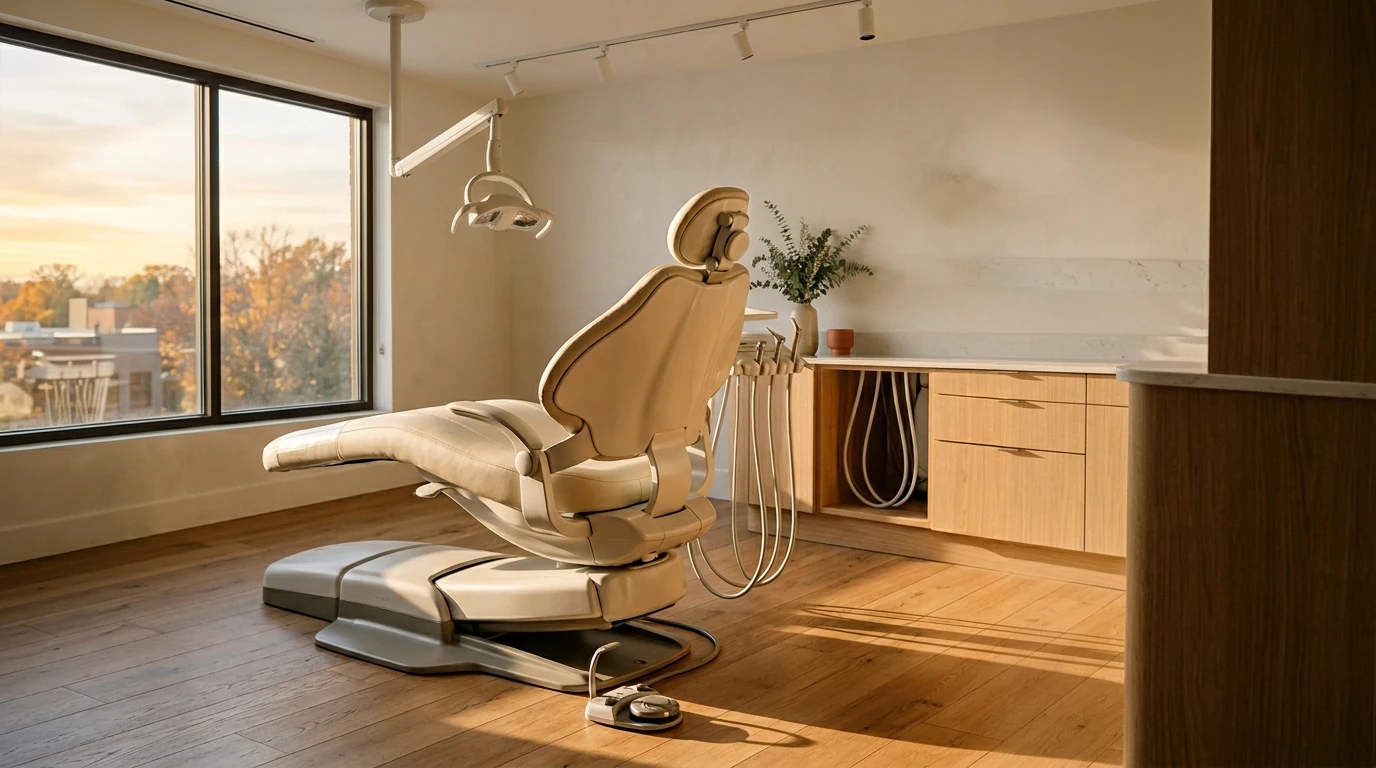 Empty dental chair in a modern practice waiting for the next patient match
