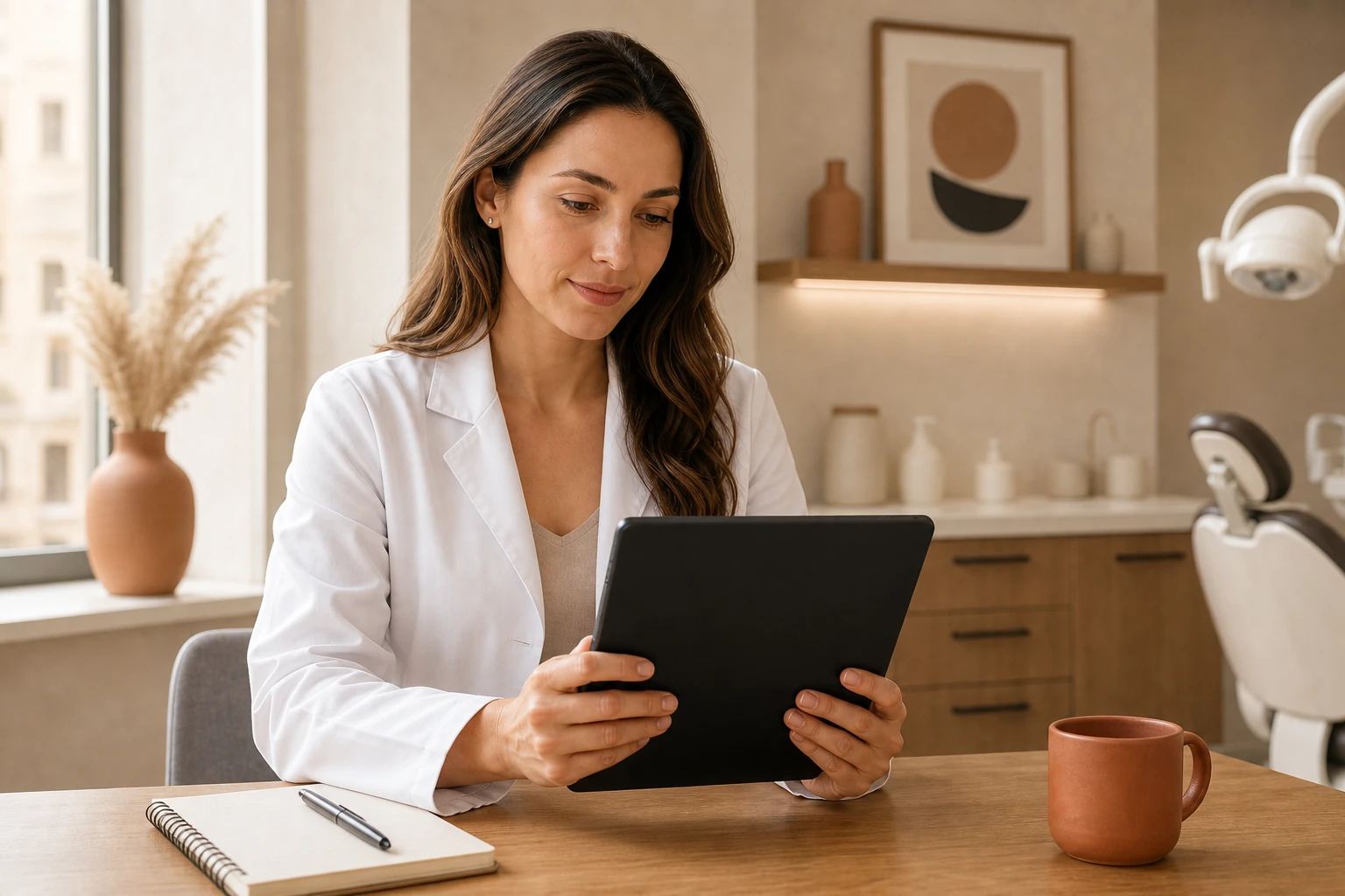 Dentist reviewing a patient profile on a tablet