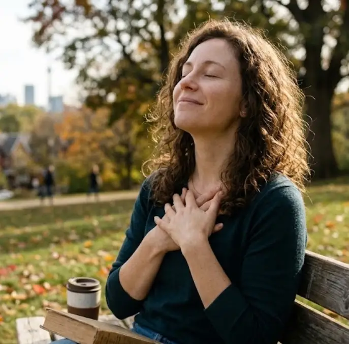 Woman sitting peacefully on a park bench, eyes closed, hands over her heart