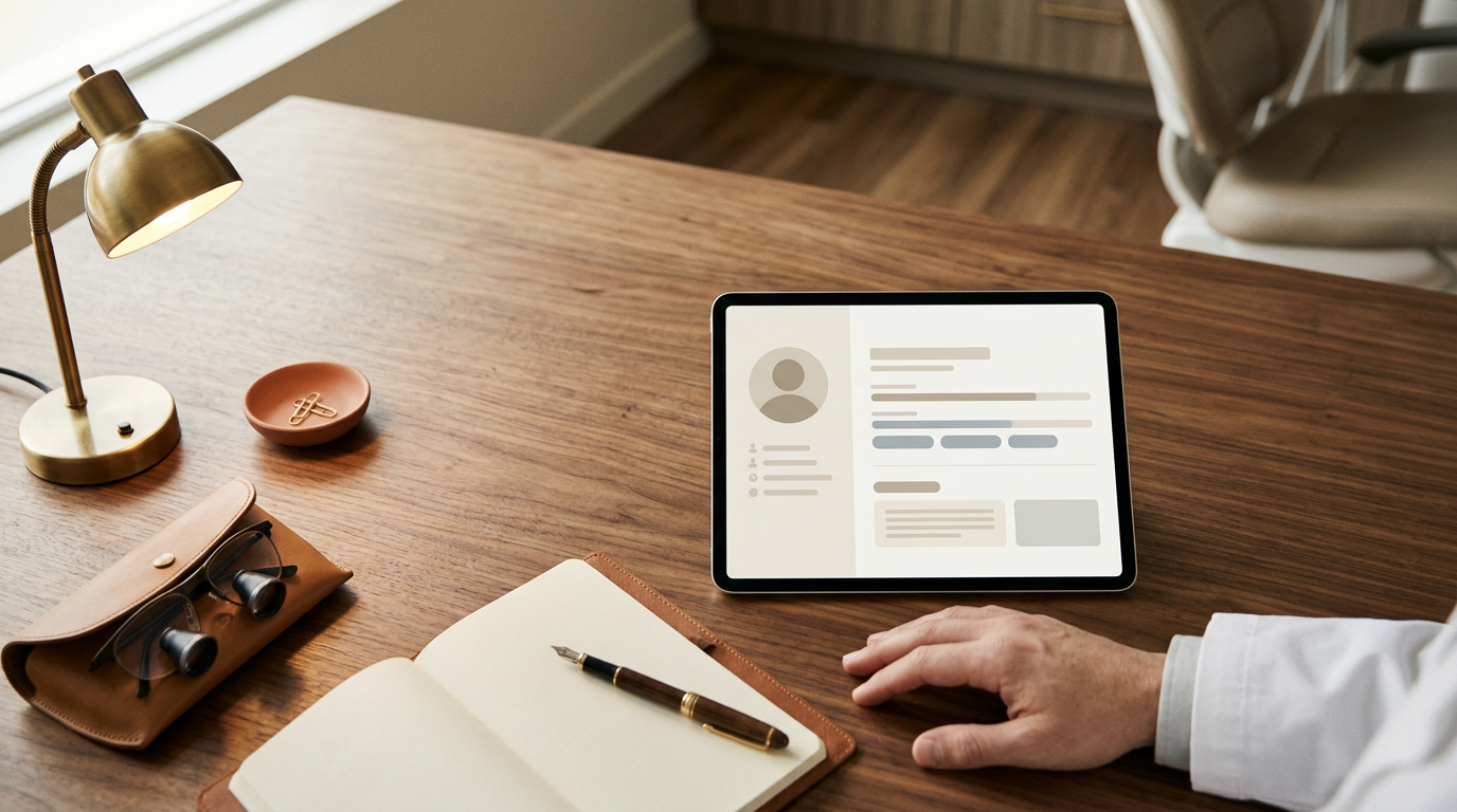 A dentist reviewing an anonymous patient profile on a tablet in a calm, modern office.
