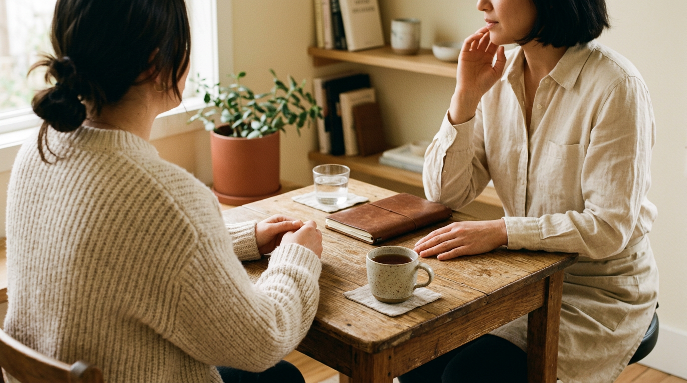 A patient and a dentist sitting across a warm wooden table in quiet conversation — the calm, unhurried meeting that happens when the guessing stops.