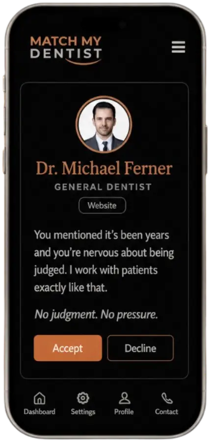 MatchMyDentist app showing Dr. Michael Ferner&rsquo;s personal reply with Accept and Decline options