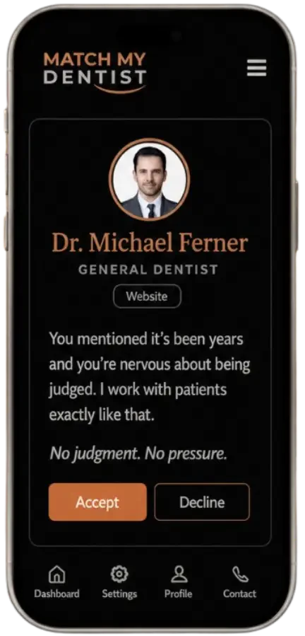 MatchMyDentist app showing Dr. Michael Ferner&rsquo;s personal reply with Accept and Decline options
