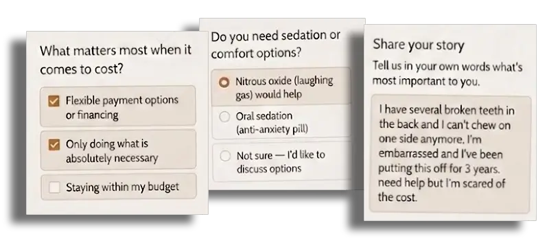 Questionnaire cards: share your story, cost preferences, and comfort options