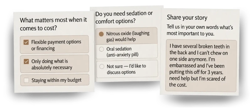 Questionnaire cards: share your story, cost preferences, and comfort options