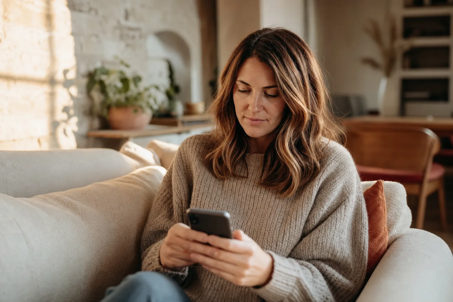 Woman at home thoughtfully sharing her story on her phone
