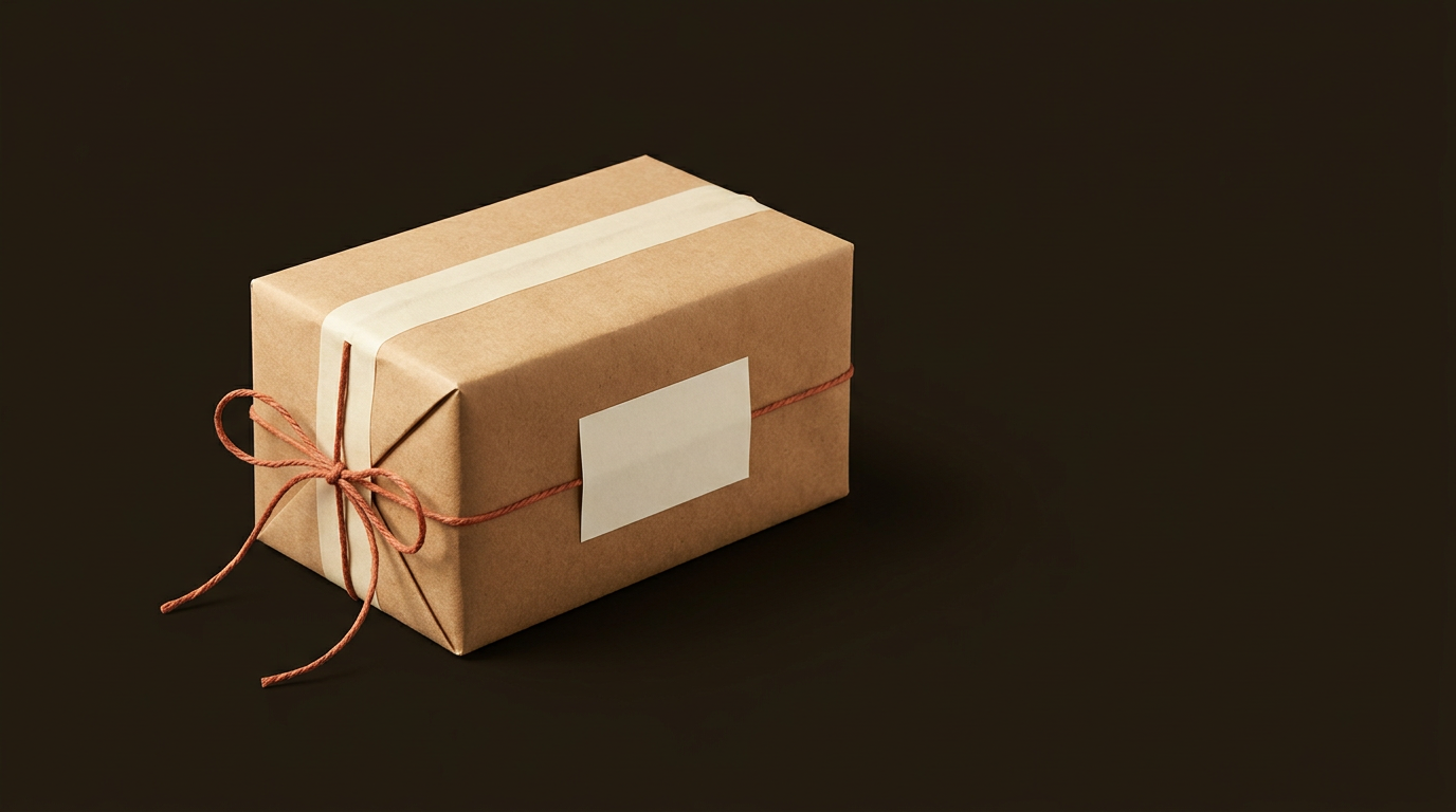 A small kraft paper parcel, tied with terracotta twine and sealed with a cream label, ready to ship.