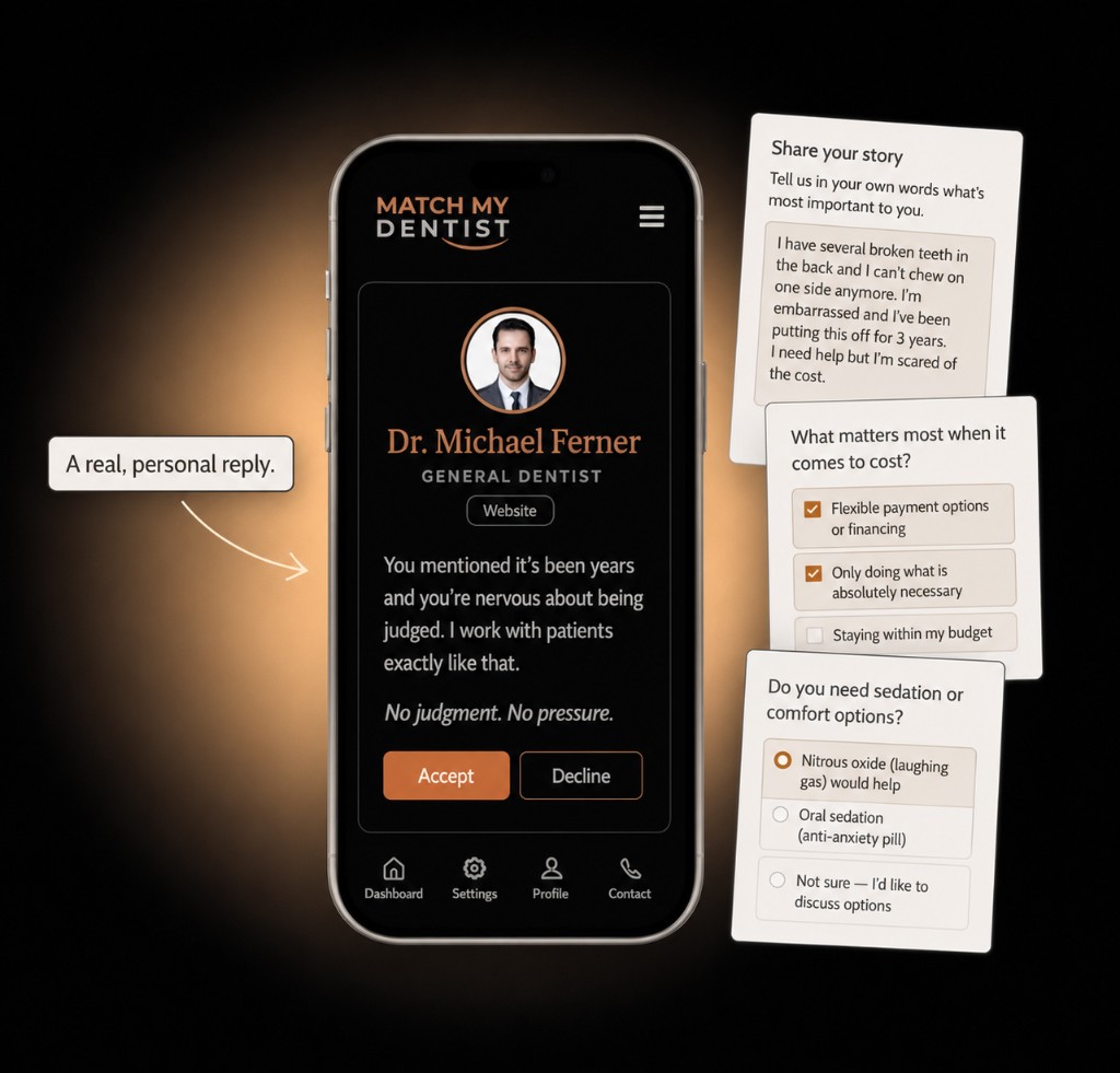 MatchMyDentist app showing Dr. Michael Ferner&rsquo;s personal reply alongside patient story and preference cards