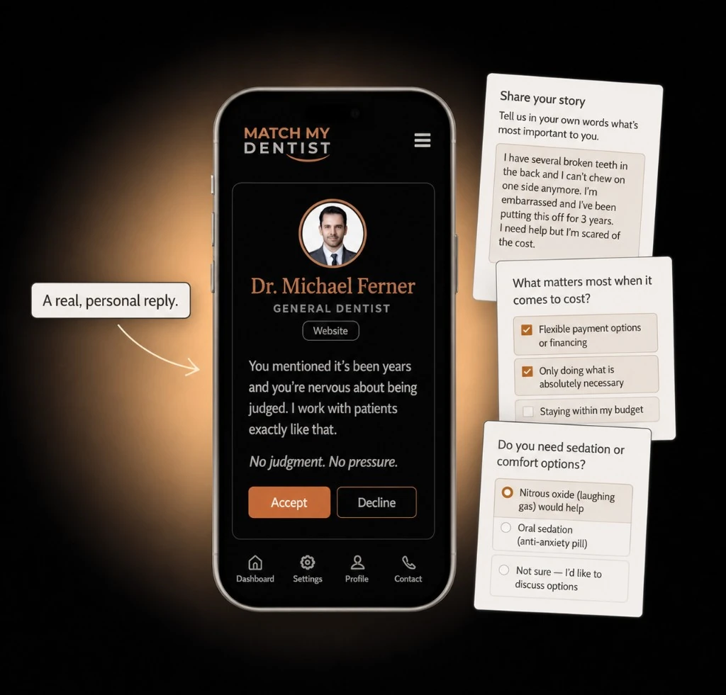 MatchMyDentist app showing Dr. Michael Ferner&rsquo;s personal reply alongside patient story and preference cards