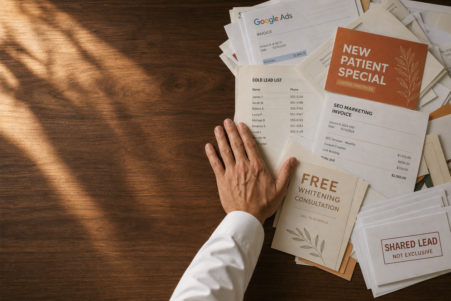 Dentist pushing aside Google Ads invoices, cold lead lists, and new patient marketing flyers
