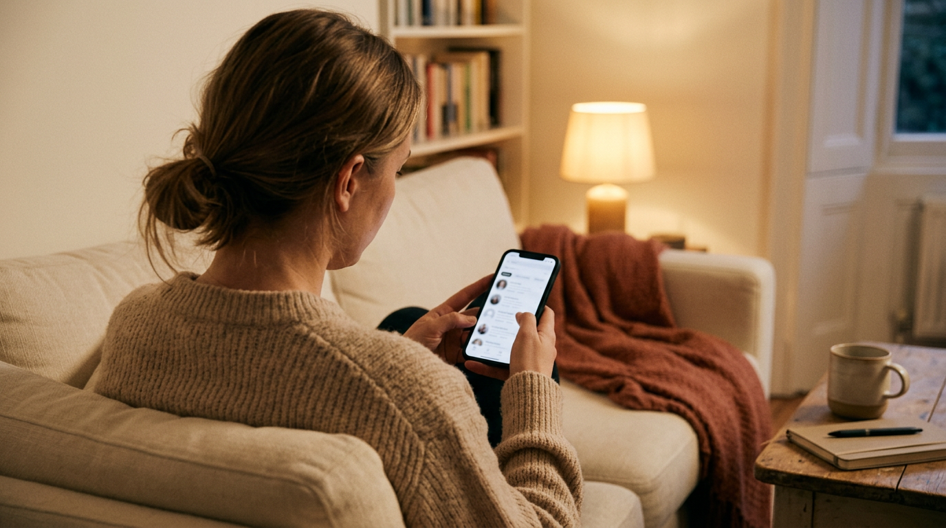 Someone alone on a warm-lit couch at dusk, scrolling their phone — searching for a dentist they can trust.