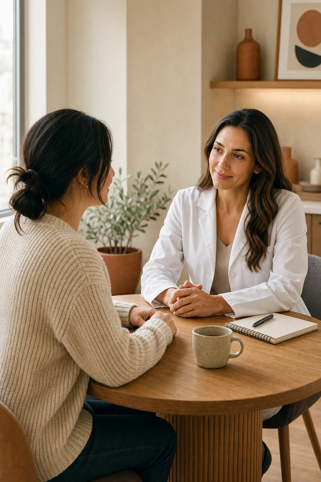 Dentist and patient in a warm face-to-face consultation, listening before any exam begins